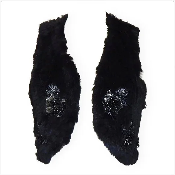 Funky East Black Lux Real Rabbit Fur Sequined Beaded Vest Jacket Boho M